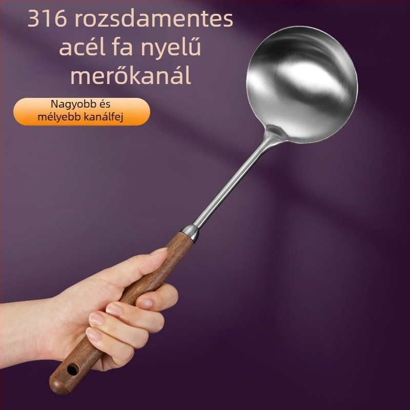 316 rozsdamentes acélból készült konyhai készlet diófa fogantyúval — spatula, leveskanál, merőkanál, szűrő