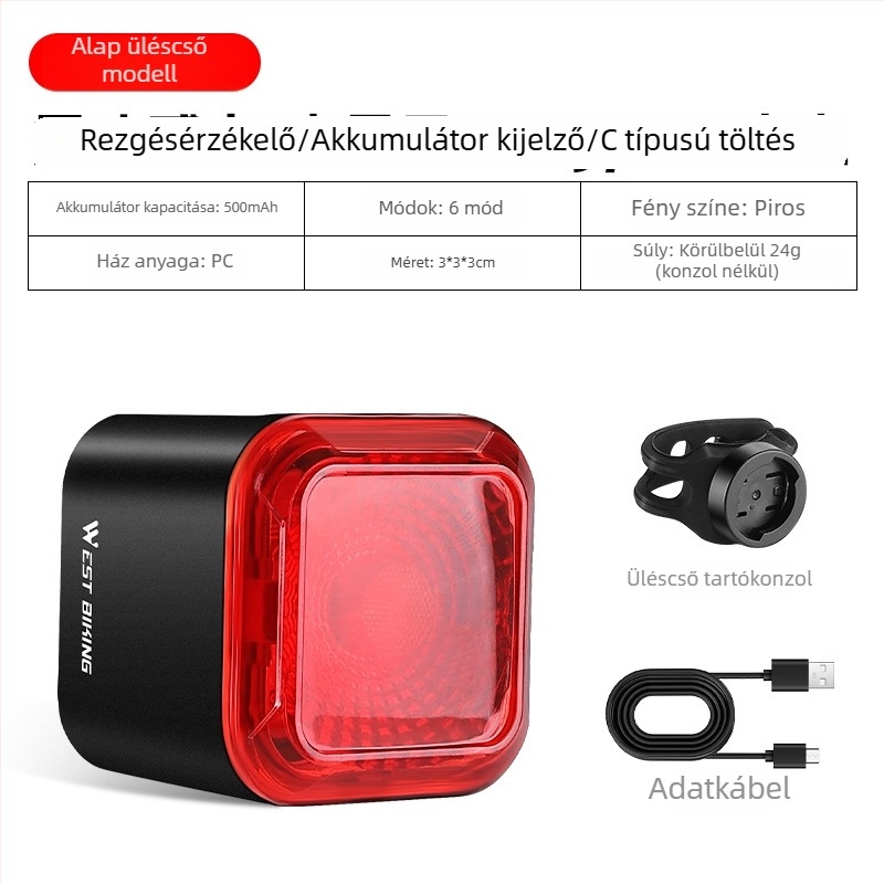 Intelligens hátsó fény fékezésérzékelővel, MTB és országyú kerékpárokhoz, Type-C töltés, éjszakai közlekedéshez figyelmeztető fény