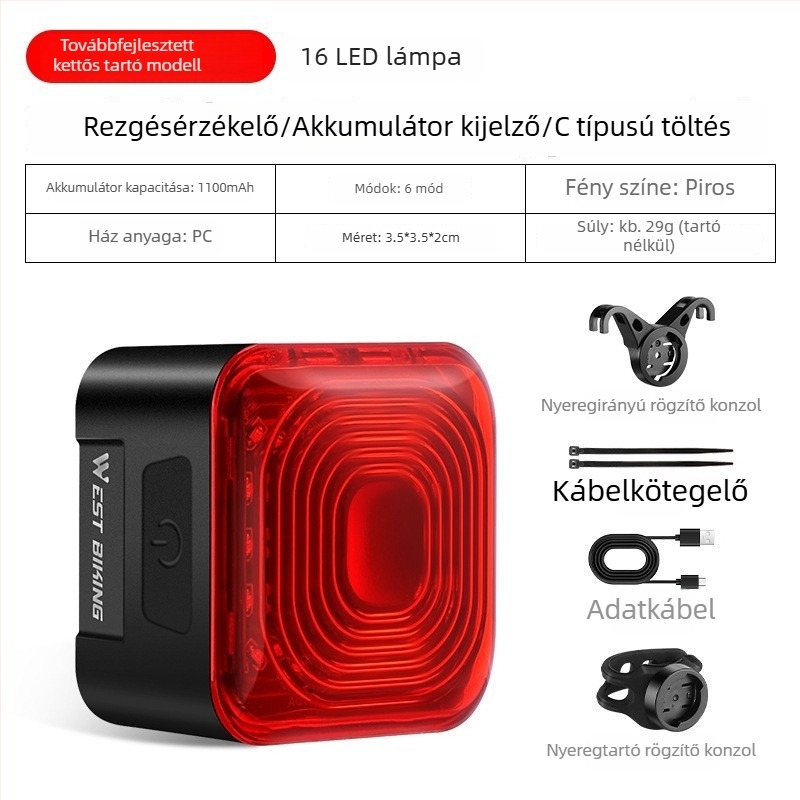 Intelligens hátsó fény fékezésérzékelővel, MTB és országyú kerékpárokhoz, Type-C töltés, éjszakai közlekedéshez figyelmeztető fény