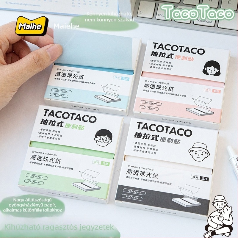 Tacotaco Öntapadó Jegyzet Doboz Húzható Mechanizmussal, Gyöngyházfényű és Átlátszó Karikatúra Jegyzetpapírral Középiskolásoknak