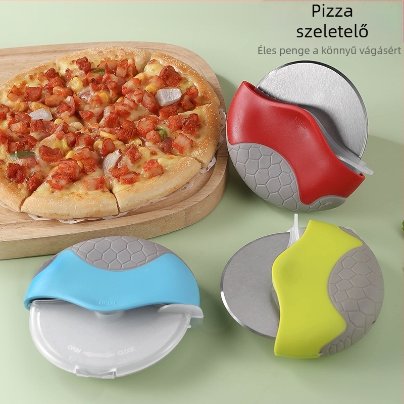 Rozsdamentes acélból készült kör alakú pizzavágó védőfedéllel, levehető és mosogatható konyhai sütőeszköz