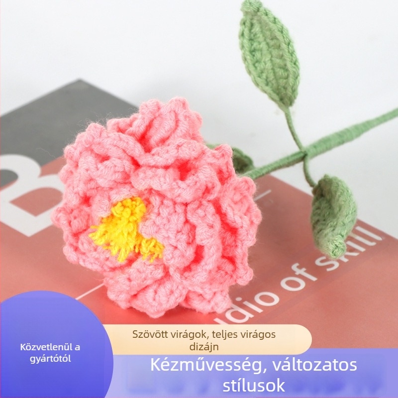 Gyapjúból kötött peónia virág — kész művirág, horgolt kézműves, otthoni dekoráció, esküvői dekoráció, fotózás