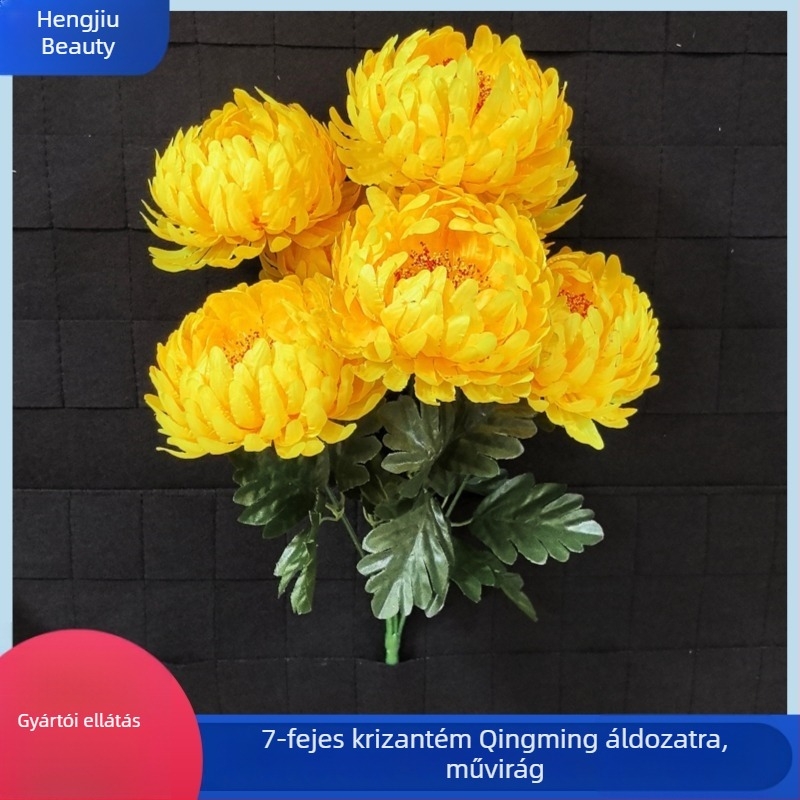 Selyemből készült művirág krizantéma, egy ággal, sírdekorációhoz
