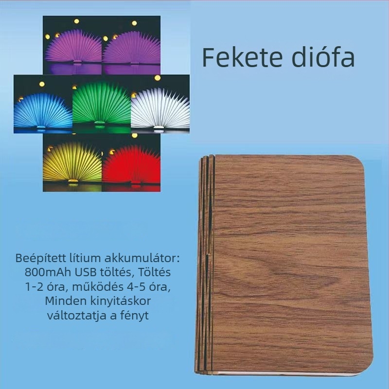 Hét színű LED-es fa könyv alakú olvasólámpa, összecsukható asztali lámpa USB töltéssel, éjszakai fény a hálószobába, barátságos hangulat