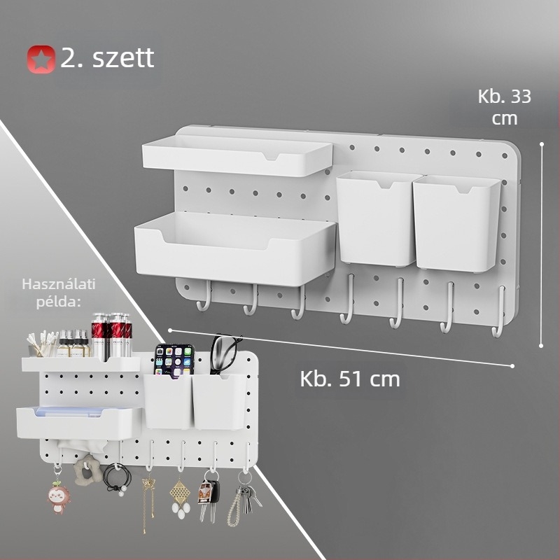 Diákszobai pegboard tároló kampóval, asztali rendező, falra szerelhető polc és osztó doboz
