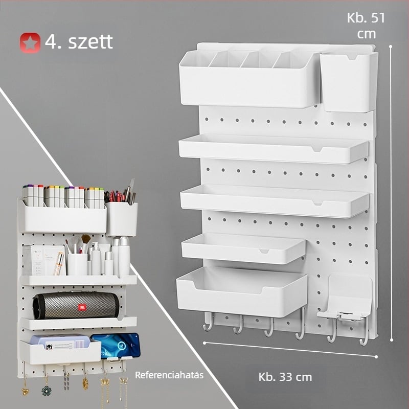 Diákszobai pegboard tároló kampóval, asztali rendező, falra szerelhető polc és osztó doboz