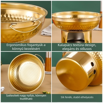 Rozsdamentes acélból készült, aranyszínű thaiföld Tom Yum Goong fazék forró- és száraz fazékhoz, marhahúsos fazék szilárd alkoholszéles tűzhellyel