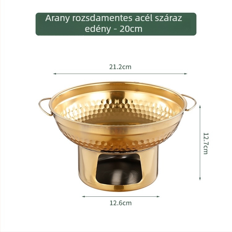Rozsdamentes acélból készült, aranyszínű thaiföld Tom Yum Goong fazék forró- és száraz fazékhoz, marhahúsos fazék szilárd alkoholszéles tűzhellyel