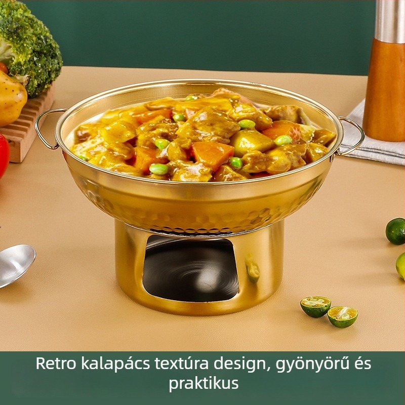 Rozsdamentes acélból készült, aranyszínű thaiföld Tom Yum Goong fazék forró- és száraz fazékhoz, marhahúsos fazék szilárd alkoholszéles tűzhellyel