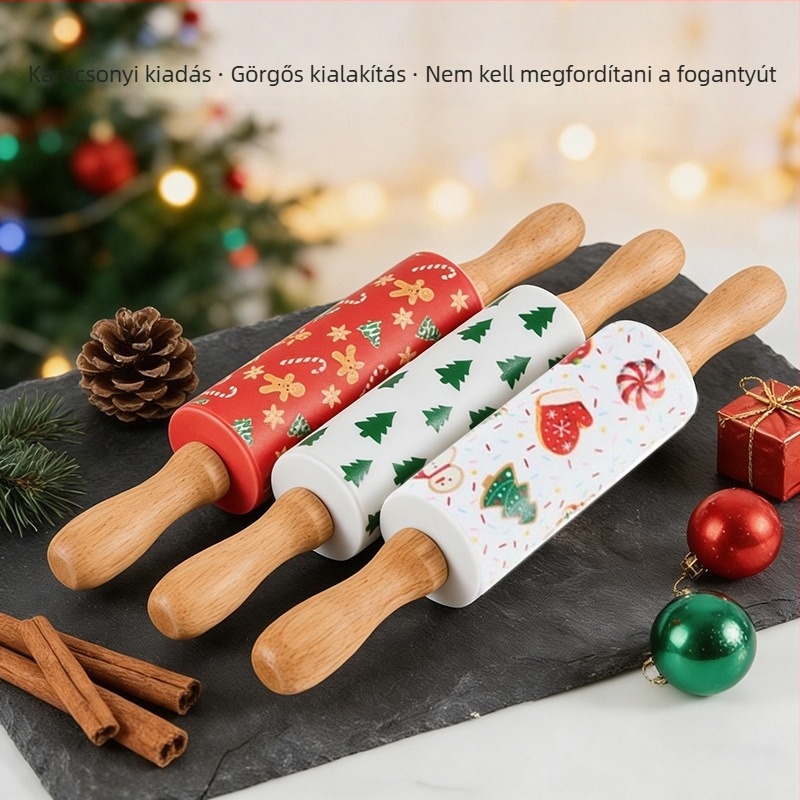 Szilikon nyújtófa karácsonyi mintával – tapadásmentes sütéshez, gyerekeknek
