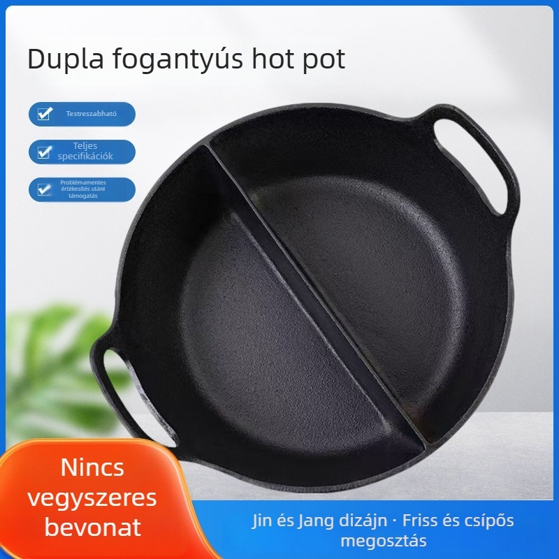 Öntöttvas Yin‑Yang forró fazék, bevonat nélküli, szigetelt, 30 cm, éttermek, szállodák és otthoni használatra