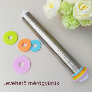 Rozsdamentes acél nyújtófa állítható vastagsággal és mérőskálákkal, tészta dagasztó és nyújtó eszköz knédli tésztához.