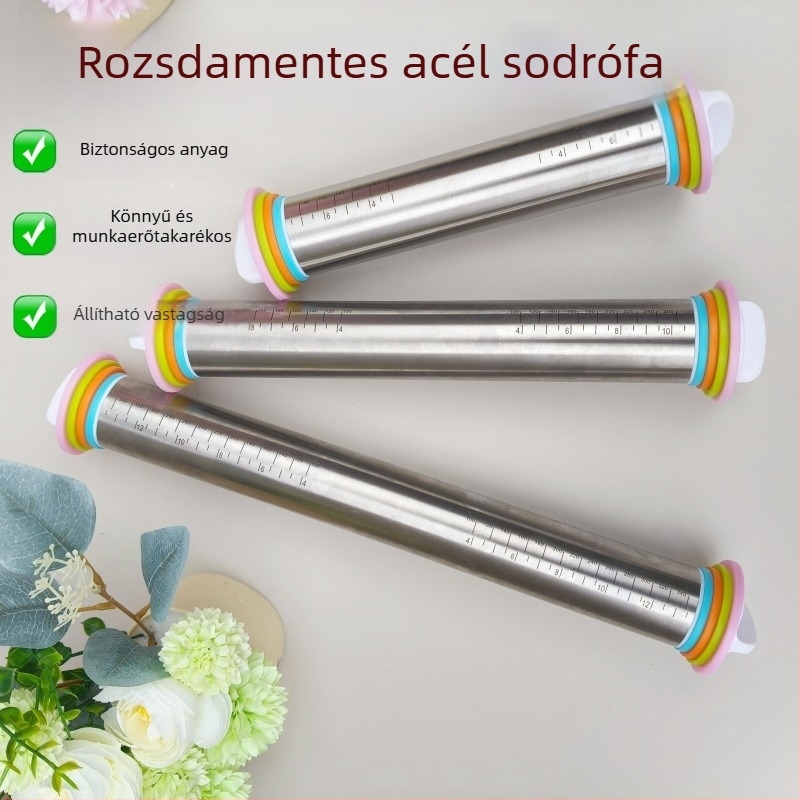 Rozsdamentes acél nyújtófa állítható vastagsággal és mérőskálákkal, tészta dagasztó és nyújtó eszköz knédli tésztához.
