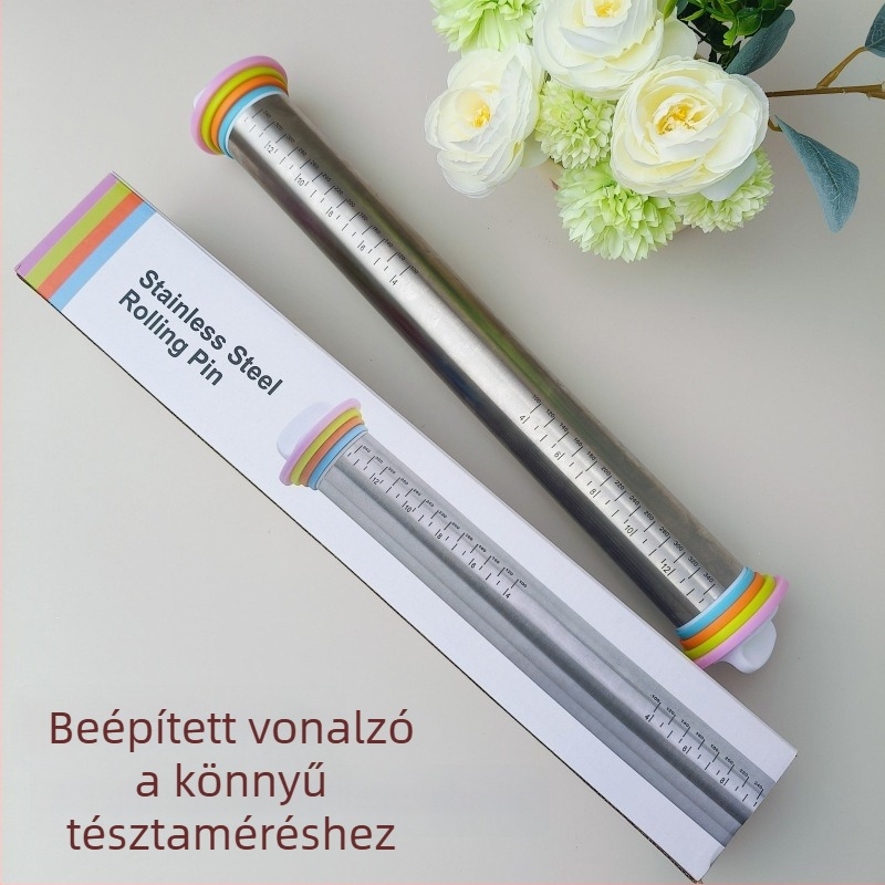 Rozsdamentes acél nyújtófa állítható vastagsággal és mérőskálákkal, tészta dagasztó és nyújtó eszköz knédli tésztához.