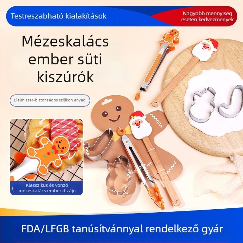 Szilikonból készült otthoni karácsonyi sütőkészlet – hőálló: kekszformák, élelmiszer-csipesz, kaparók, tekerőnyújtófa, krém spatula