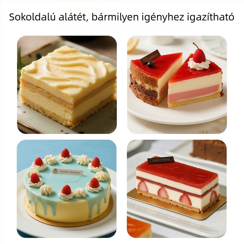 Arany színű négyzet alakú tortatál – újrahasználható kerek tortaalap mousse desszertekhez