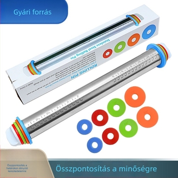 Rozsdamentes acél tészta nyújtófa, 17 hüvelyk, állítható vastagságú mérőskálával