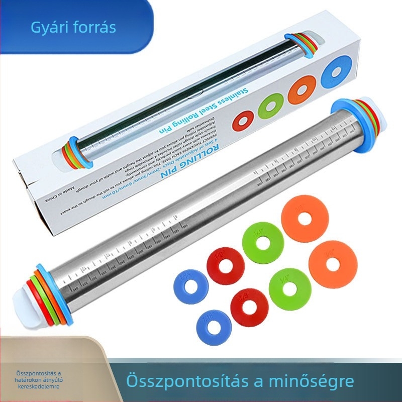 Rozsdamentes acél tészta nyújtófa, 17 hüvelyk, állítható vastagságú mérőskálával
