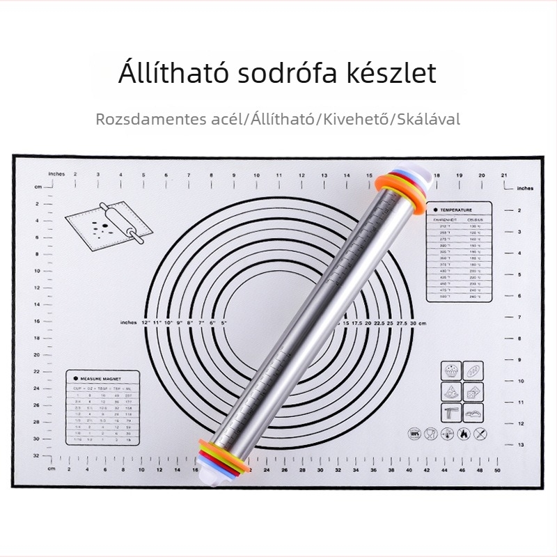 Rozsdamentes acél tészta nyújtófa, 17 hüvelyk, állítható vastagságú mérőskálával