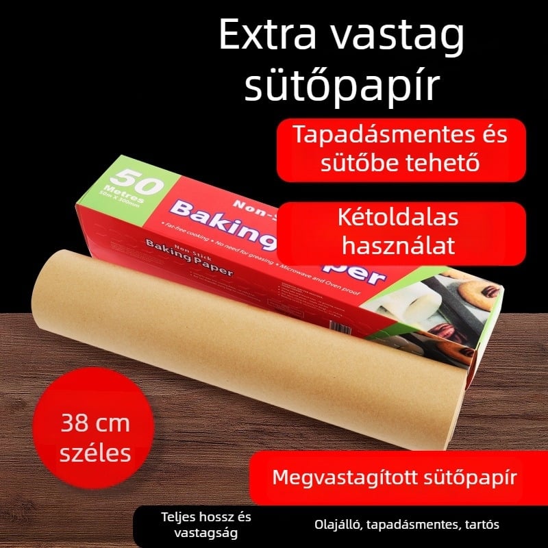 Természetes fa színű szilikon bevonat sütőpapír, nagy tekercs, 38 cm széles, sütőben is használható, ellenáll a magas hőmérsékletnek.