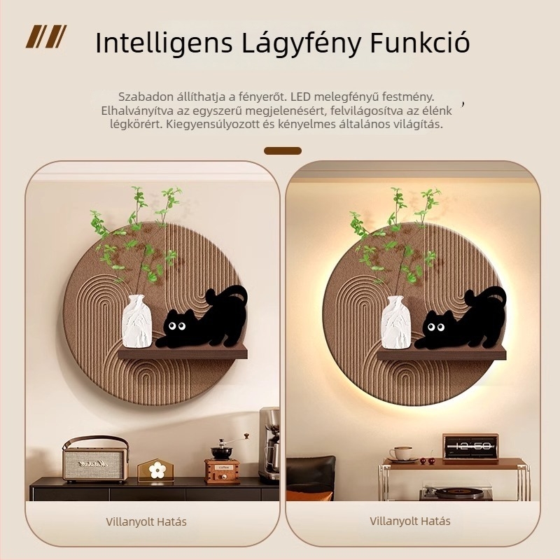 Macska témájú dekoratív festmény, mű növényekkel és LED világítással, 3D falikép, vintage stílusú étkező hátfal