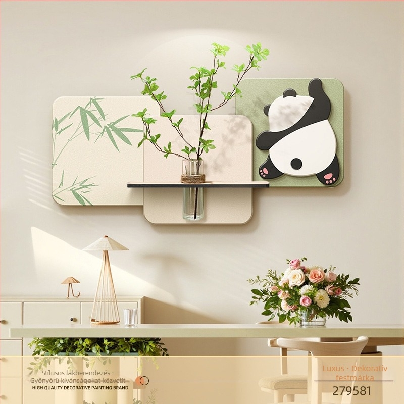 Modern minimalista falikép étkezőbe és nappaliba hidroponikus zöld növényekkel, friss stílus, panda a televíziós háttfalon