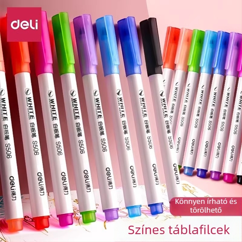 Deli S506/S504 fehér tábla marker, több színű készlet (12/8/4 szín), könnyen törölhető, oktatásra és rajzolásra
