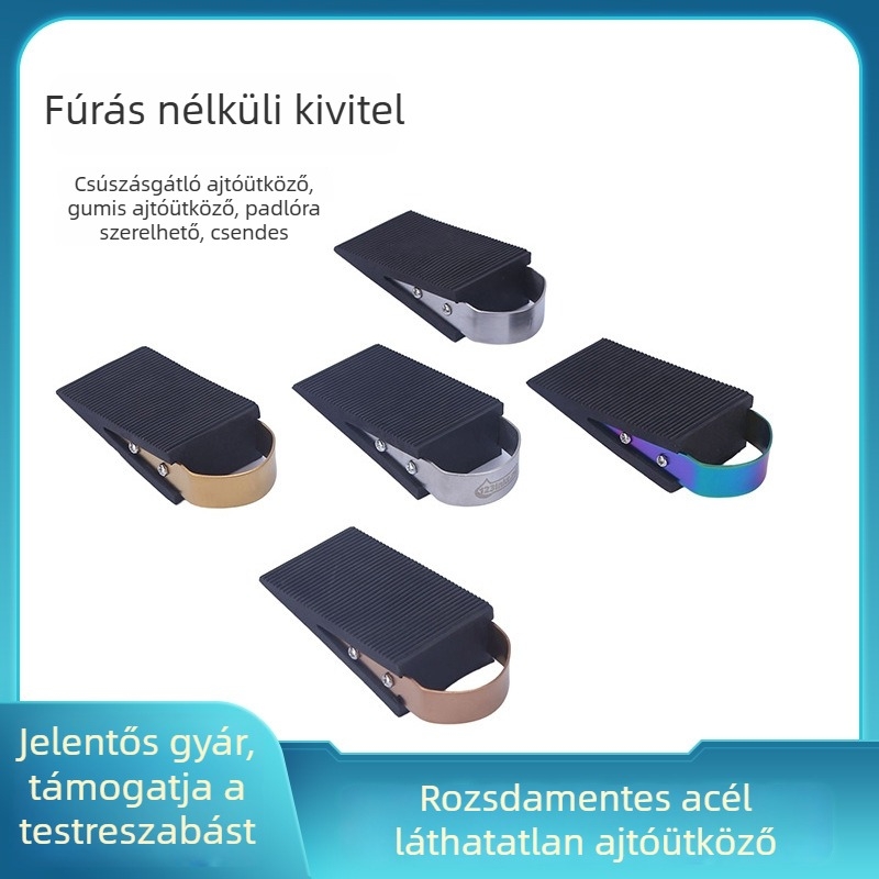 Rozsdamentes acél ajtóstop padlóra szerelhető, fúrás nélkül, csúszásmentes gumibuffer, ütésvédő otthoni használatra