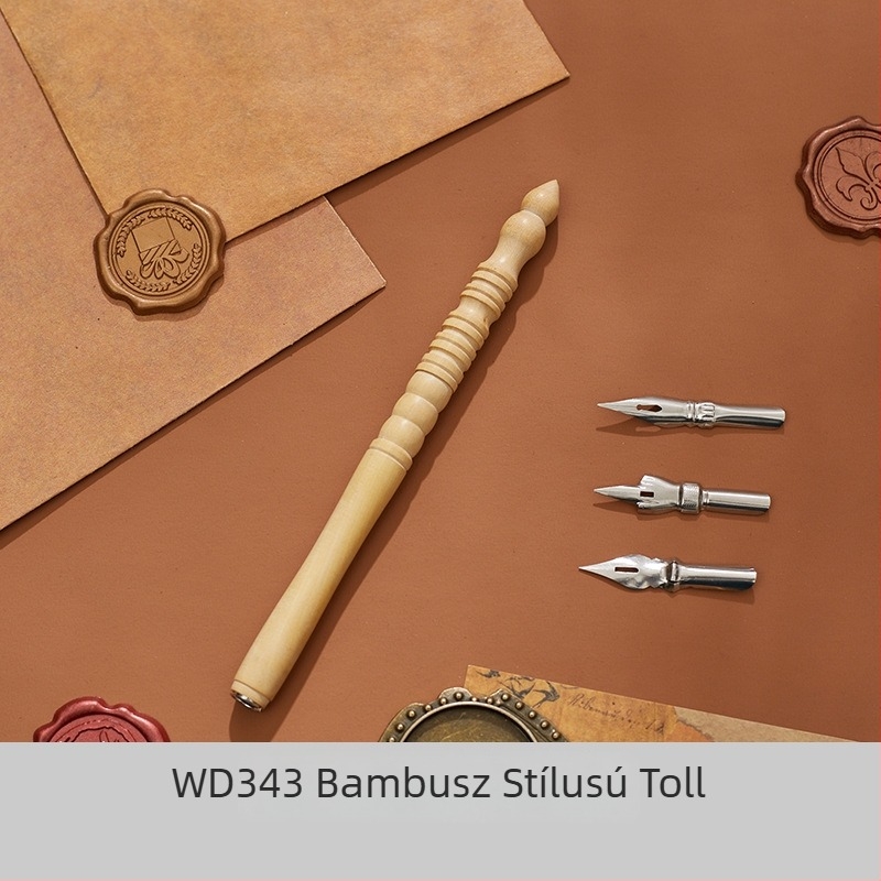 Fa tolltartó vizes tollhoz, hosszabbító rúddal, retro képregény-stílusú dizájn, kaligráfiás toll cserélhető heggel