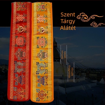 Tibeti tantra-budista asztali dekoráció nyolc szerencsés szimbólummal, pohár-alátét és dharma eszközök párnája, körülbelül 1,2 méter hosszú