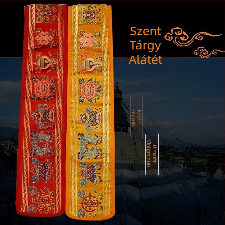 Tibeti tantra-budista asztali dekoráció nyolc szerencsés szimbólummal, pohár-alátét és dharma eszközök párnája, körülbelül 1,2 méter hosszú