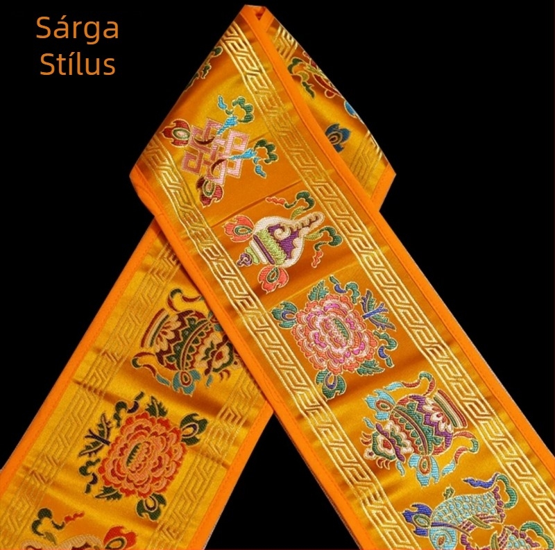 Tibeti tantra-budista asztali dekoráció nyolc szerencsés szimbólummal, pohár-alátét és dharma eszközök párnája, körülbelül 1,2 méter hosszú
