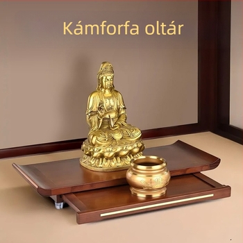 Kamforfából készült otthoni oltár, falra szerelt adományozó asztal Guanyin és Guan Gong tiszteletére, tömjénasztal
