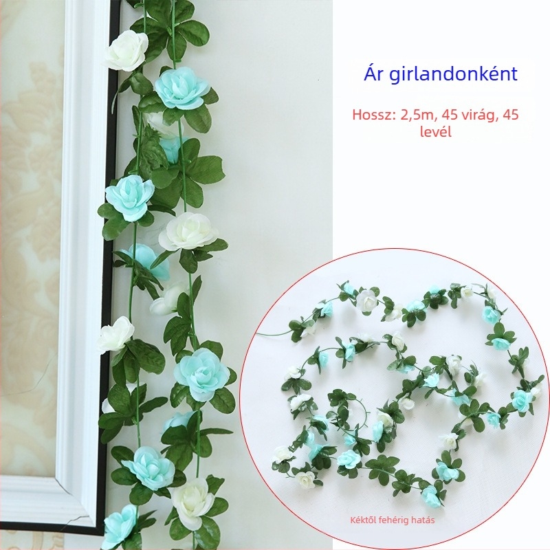 Rózsaindák selyemvirágokkal – dekoratív művirág, 2,3 m hosszú