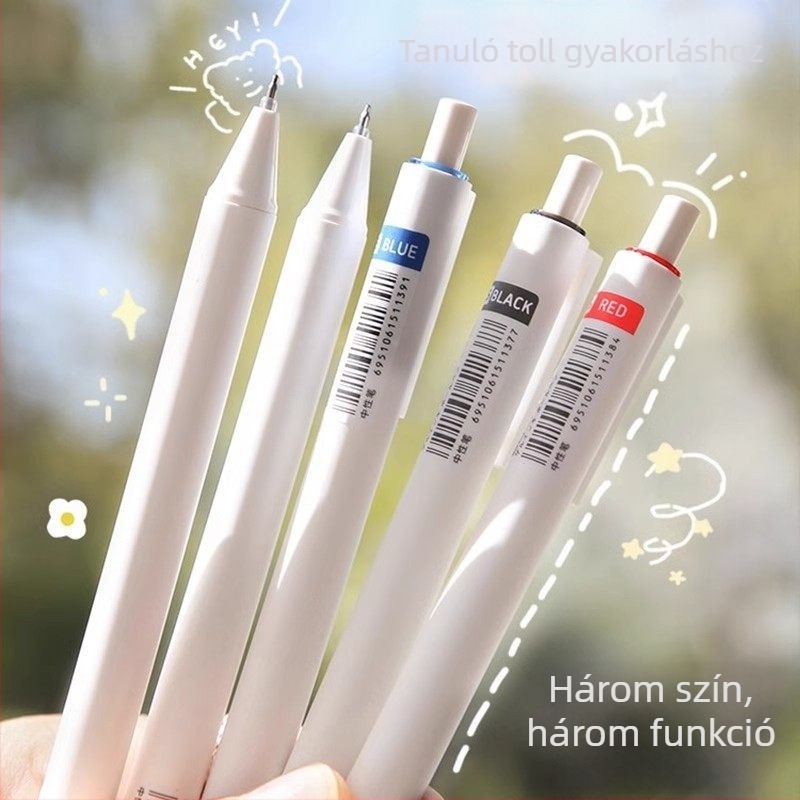 Háromszínű, visszahúzható golyóstoll tanulók számára — kék, piros és fekete tinta, kék és fekete töltetek