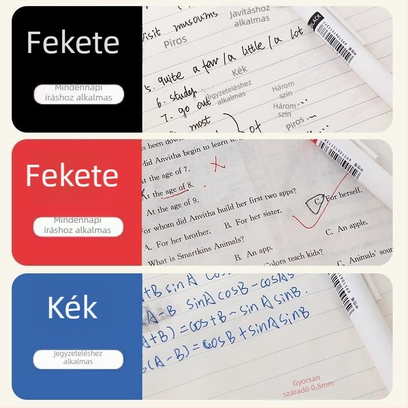 Háromszínű, visszahúzható golyóstoll tanulók számára — kék, piros és fekete tinta, kék és fekete töltetek