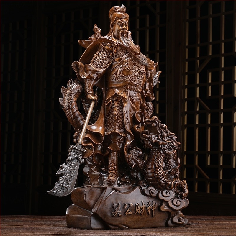 Sárkányon ülő Guan Yu szobor – gyanta figura a háború és a gazdagság istenének