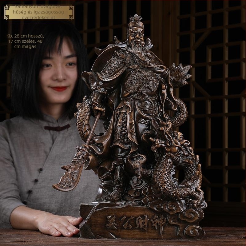 Sárkányon ülő Guan Yu szobor – gyanta figura a háború és a gazdagság istenének