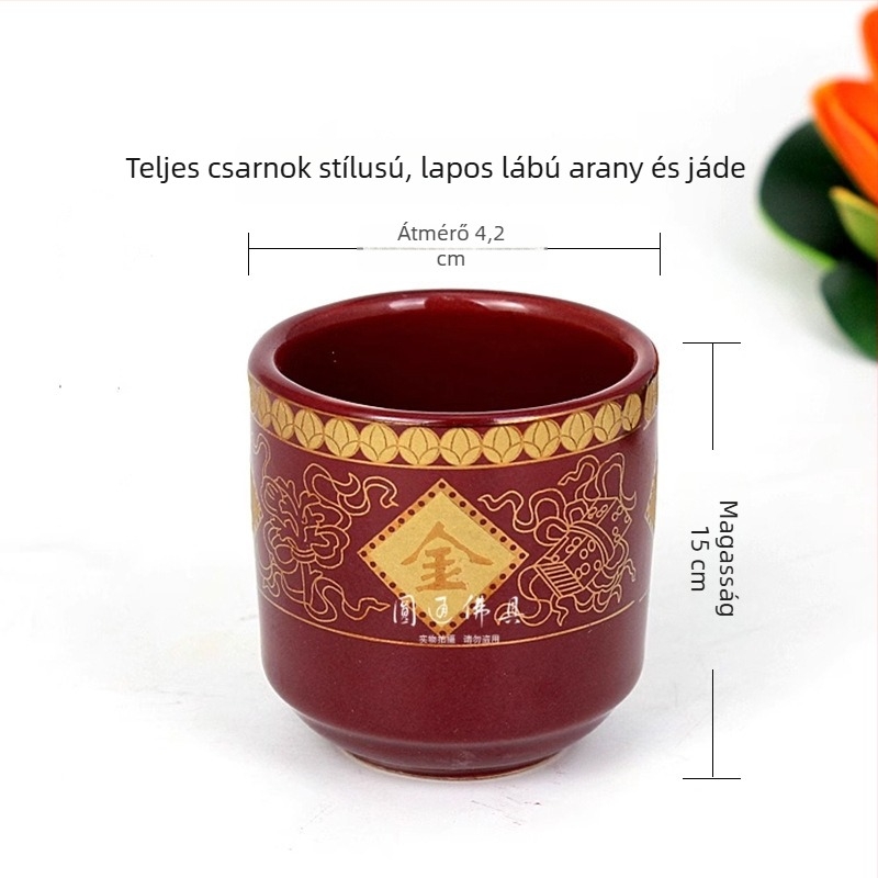 Vörös kerámiából készült szentvízcsésze magas talppal, arany‑jáde dizájn, buddhista templom kínálataihoz