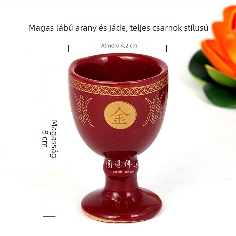 Vörös kerámiából készült szentvízcsésze magas talppal, arany‑jáde dizájn, buddhista templom kínálataihoz