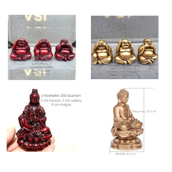 Hat darabos Buddha szobor készlet gyantaanyagból, rózsafa hatású felülettel és aranyozott részletekkel, tartalmazza a Maitreya és a Shakyamuni Buddhát