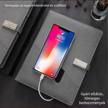 Vezeték nélküli töltésű notesz ajándékcsomag Power Bankkal, USB flash meghajtóval ellátott notesz és irodai notesz egyéni logóval