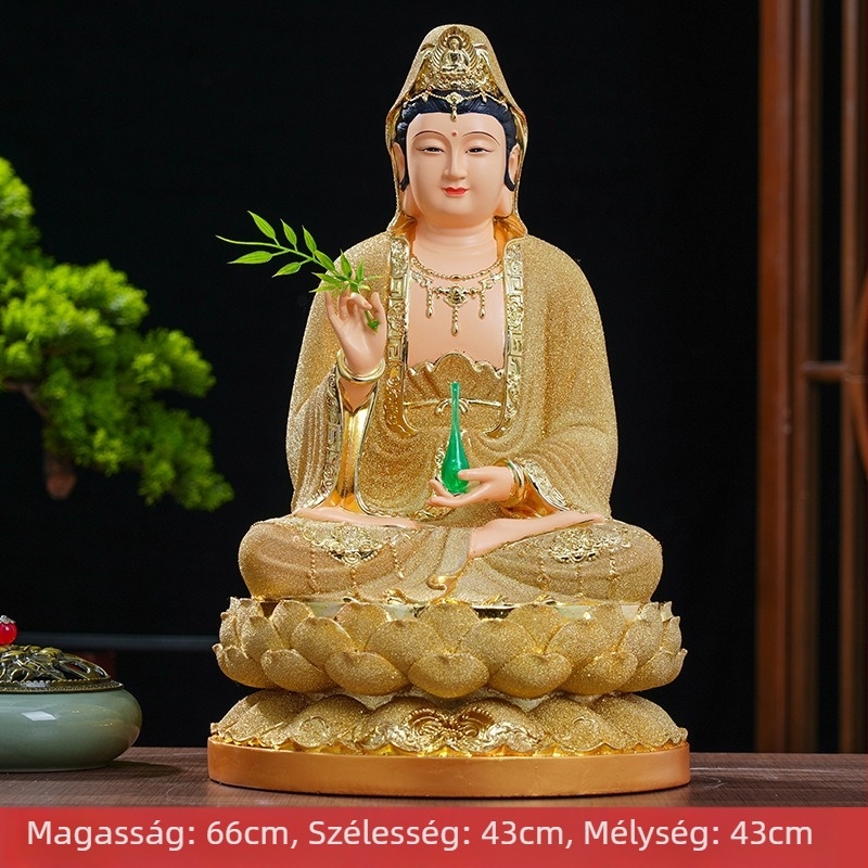 Guanyin Bodhisattva szobor otthoni dekorációhoz, gyantából, homok-arany felülettel