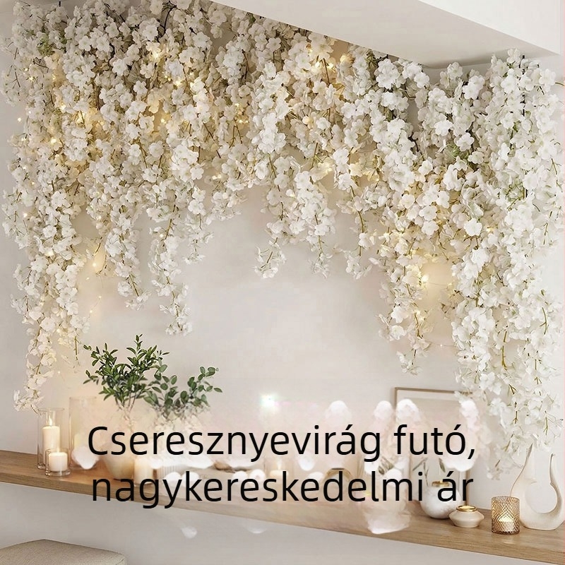 Mesterséges cseresznyefa virágai, selyem virágokkal, tavaszi rattan dekor nappaliba és esküvőkre
