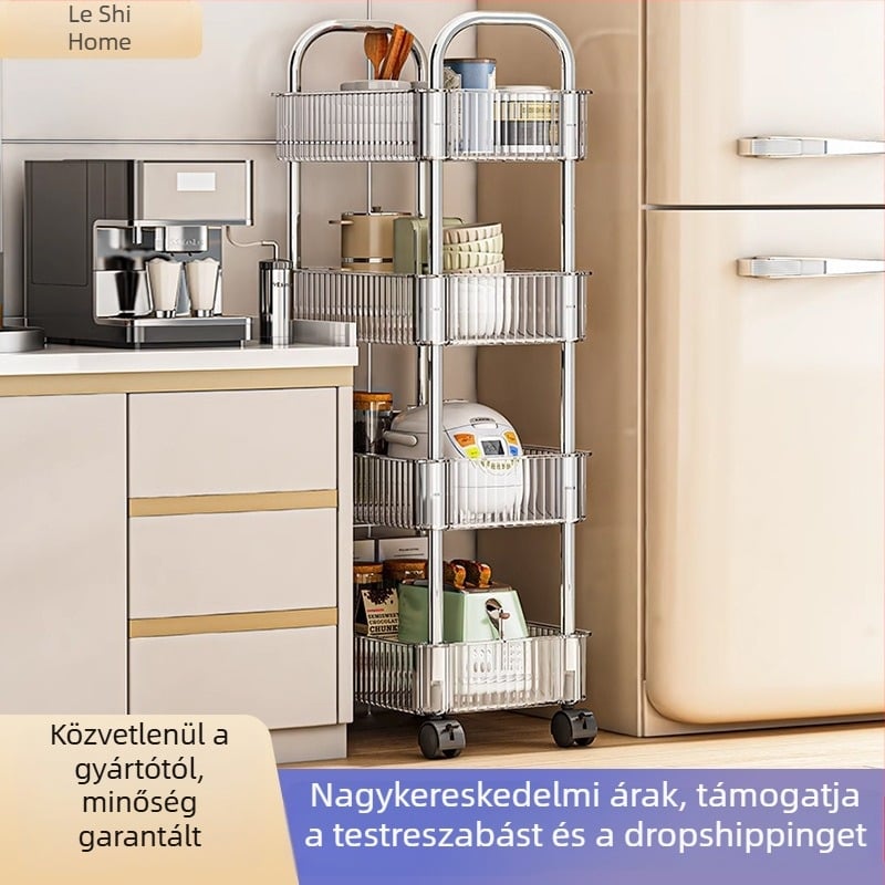 Átlátszó, 5-szintes gurulós tároló kozmetikumok és nassolnivalók számára, ideális az éjjeliszekrényhez és a fürdőszobába