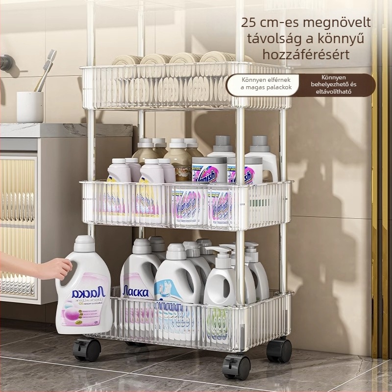 Átlátszó, 5-szintes gurulós tároló kozmetikumok és nassolnivalók számára, ideális az éjjeliszekrényhez és a fürdőszobába