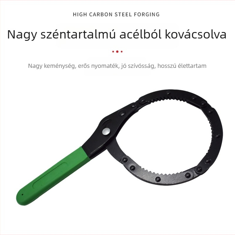 Bilincs-stílusú olajszűrő kulcs, szénacélból készült.