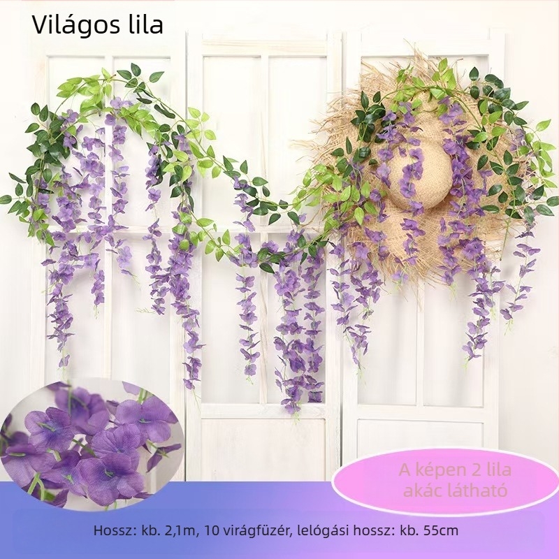 Mesterséges lilaakác indás dekorációhoz, függő és tekeredő művirágok, műanyag virágok, hossz 100–200 cm