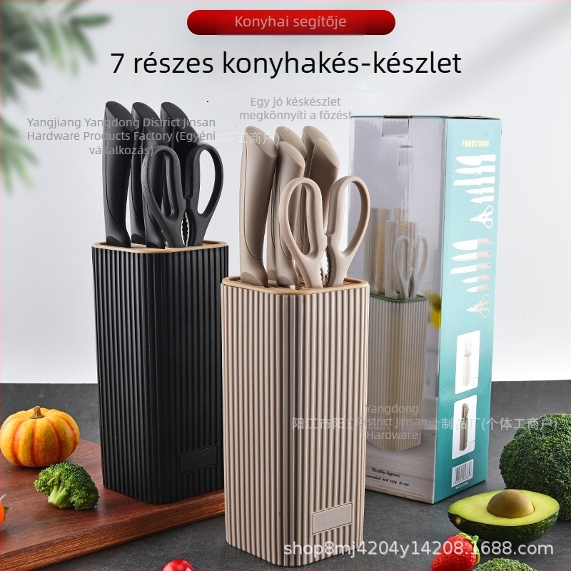 Rozsdamentes acélból készült 7 darabos késkészlet, állvánnyal és függőleges csíkos dizájnnal, háztartási konyhai kések, köztük szakácskés és szeletelő kés