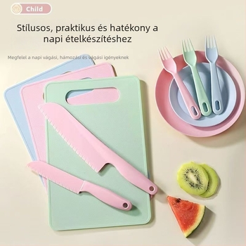 Gyerekeknek készített konyhai készlet, vágódeszka és műanyag pengéjű kések, élelmiszer-minőségű, biztonságos a kicsik kezéhez, gyümölcs kés